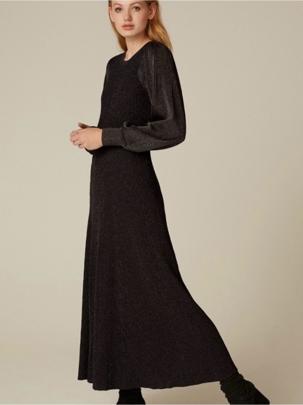ME+EM Metallic Knit Midi Dress Puff Sleeve Black UK 10 US 6 NWT